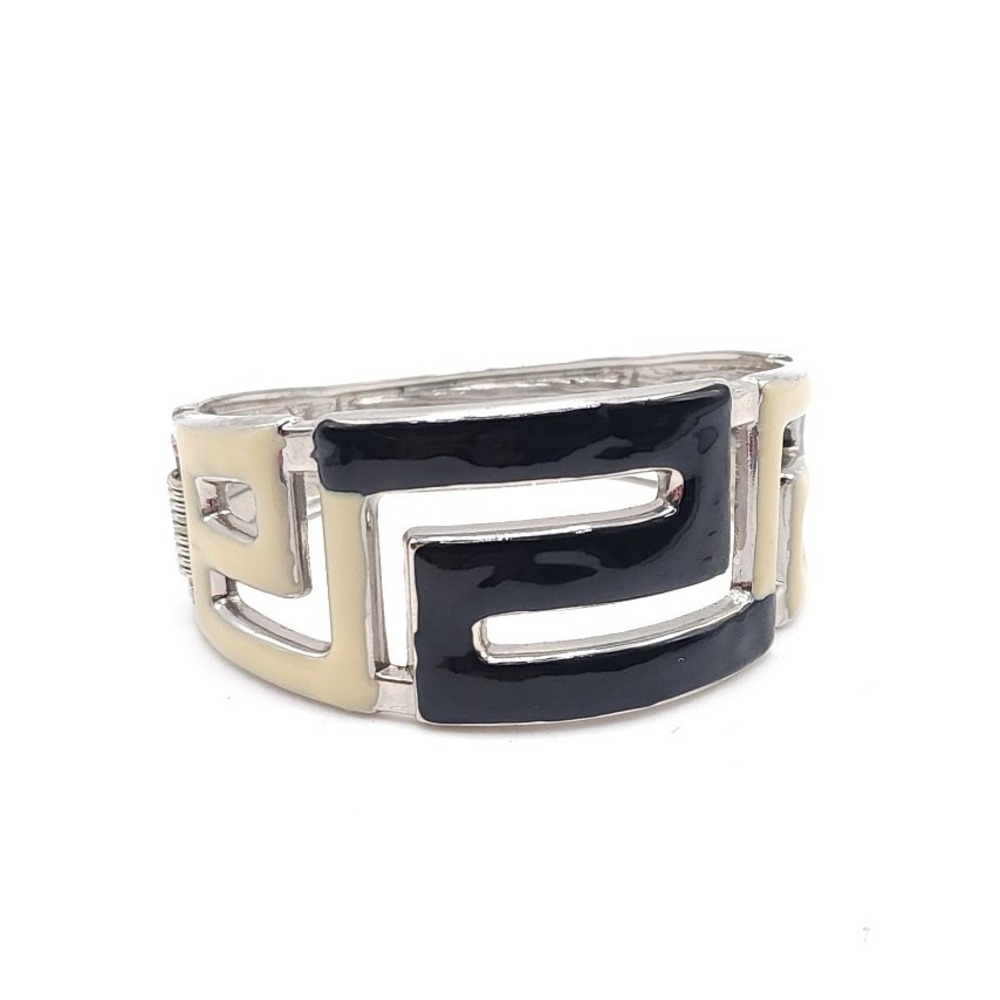 Silver Tone Greek Key Cuff Bracelet Black Cream Enamel Hinged